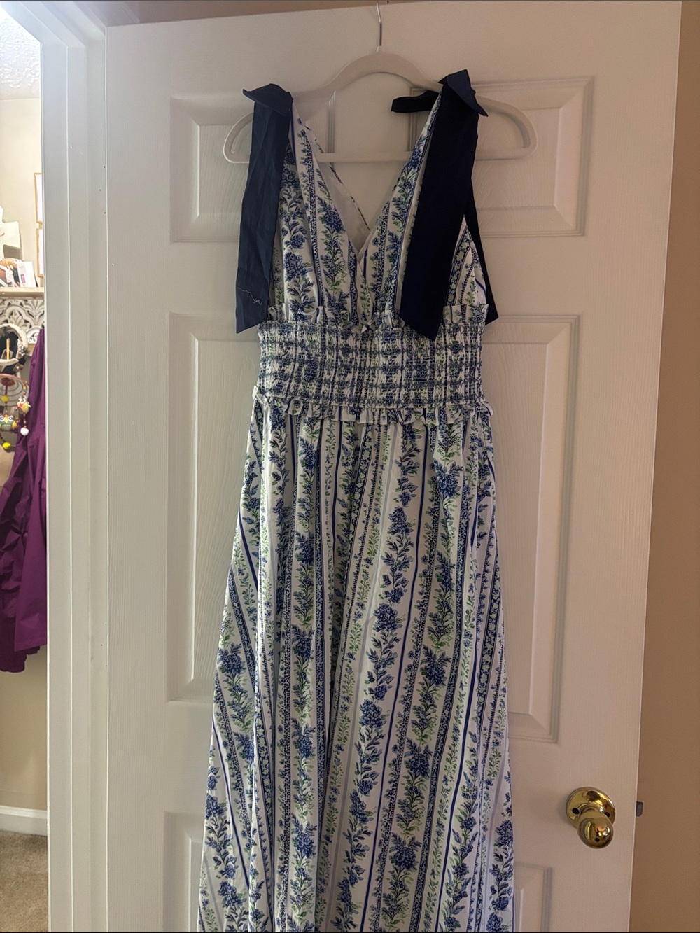 Blue and White Floral Tie-Shoulder Maxi Dress with Smocked Waist